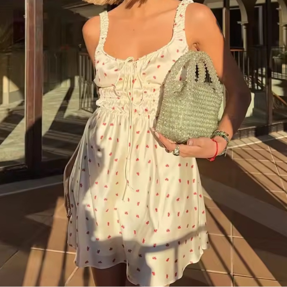 White Sundress with Red Floral Pattern